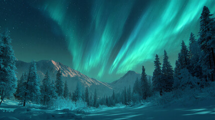 The Aurora Borealis over a frozen forest with green northern lights