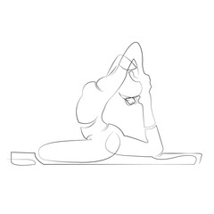 One continuous line drawing on white isolated background. Minimalism linear illustration. person, pose, yoga, fitness, woman, fit, king, training, exercise, pigeon