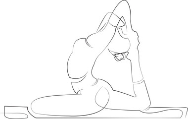 One continuous line drawing on white isolated background. Minimalism linear illustration. person, pose, yoga, fitness, woman, fit, king, training, exercise, pigeon