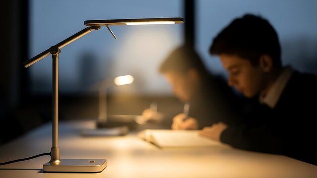 Students Studying at Desk with Modern Desk Lamp in Dim Room - Powered by Adobe