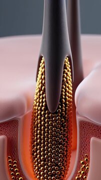 Macro 3D animation of a hair follicle stimulated by golden energy at the root, illustrating rapid growth and regeneration within skin layers for dermatology and hair care concepts.