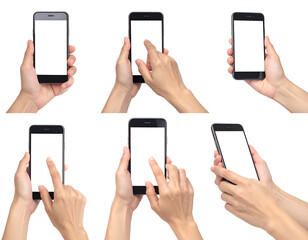 Six hands hold blank-screen smartphones on a black background