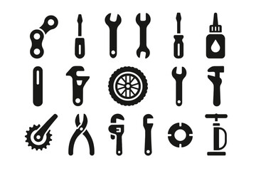 Set of bicycle repair icons: tools and equipment silhouettes