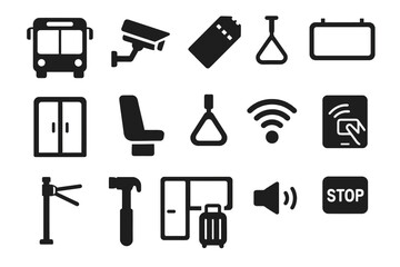 Fototapeta premium Transportation icon set featuring bus, camera, wi-fi, luggage, and safety signs