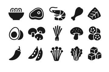Icons of food ingredients: pasta, meat, seafood, vegetables, and fruits in black silhouettes