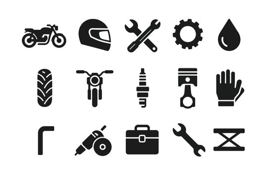 Motorcycle maintenance icons: tools, tire, gear, oil, helmet, engine parts