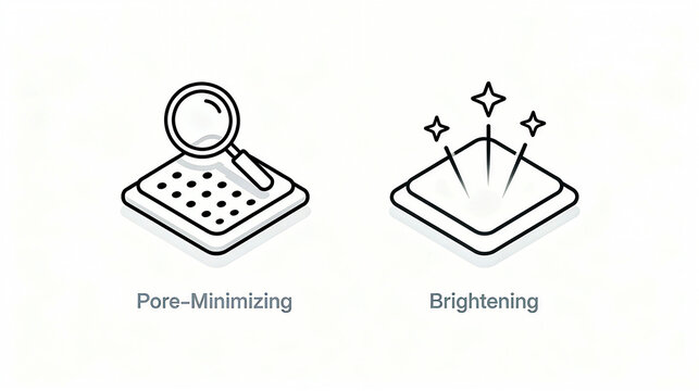 Magnifying pores and shining stars represent the concept of shrinking pores and brightening skin tone, suitable for promotional materials of pore care skincare products.
