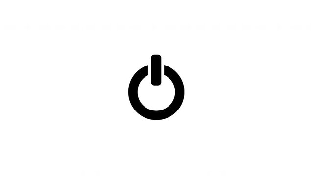 Animation shows a black power button with subtle movement against a white backdrop.