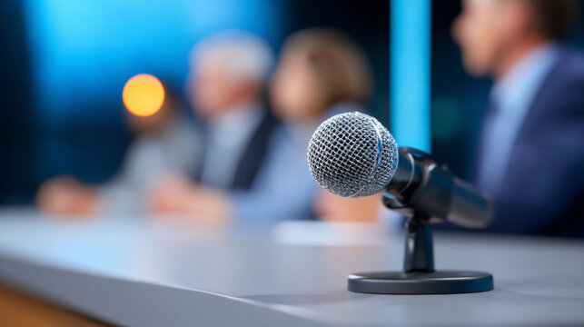 Close-up of microphone on table with blurred people in background during conference or panel discussion indoors