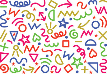 Funky crayon drawn geometric shapes and lines. Colorful pencil or chalk drawn naive Swiss design aesthetic. Basic geometric shapes, dots, playful pattern, primitive forms and figures