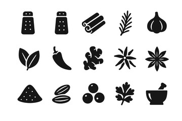 Black silhouettes of various spice and herb icons
