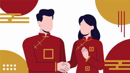 Chinese New Year Greeting with Couple in Traditional Outfit Flat Illustration