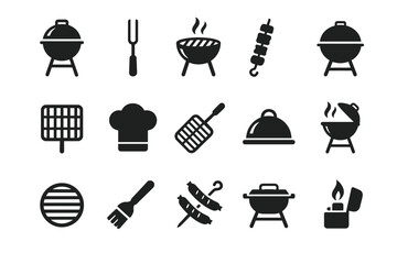 Bbq icon set: grills, chef hat, skewers, forks, and more for outdoor cooking