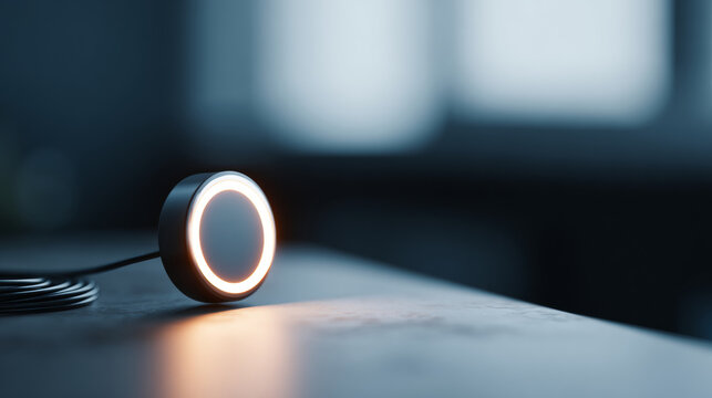 Close-up of a modern circular LED light device glowing softly on a smooth surface with a blurred dark background and coiled cable