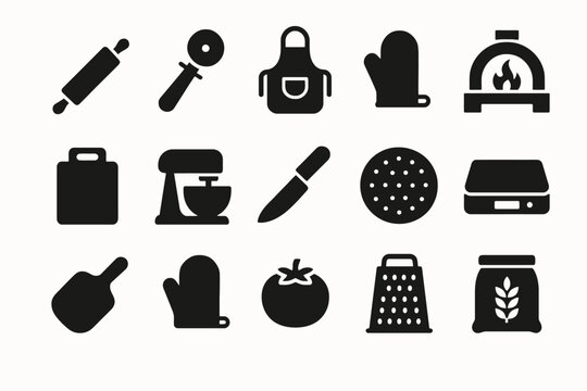 Essential kitchenware icons set featuring cooking, baking, and food preparation tools