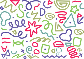 Funky crayon drawn geometric shapes and lines. Colorful pencil or chalk drawn naive Swiss design aesthetic. Basic geometric shapes, dots, playful pattern, primitive forms and figures