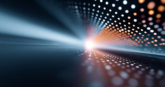 Abstract digital tunnel with glowing dots and light beams creating futuristic technology and data flow effect in dark space