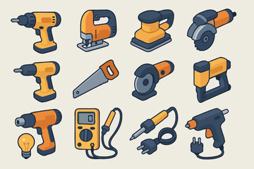 Collection of handheld power tools in vibrant colors