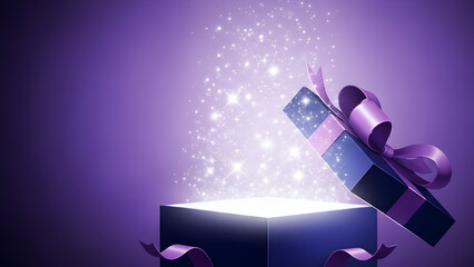 Open gift box emitting magical light and glitter on purple background