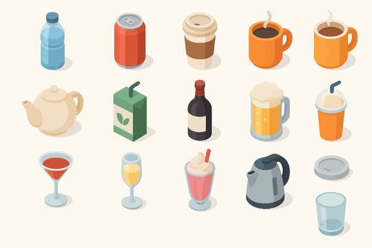 Assorted beverage icons: coffee, tea, juice, wine, and soft drinks in isometric style