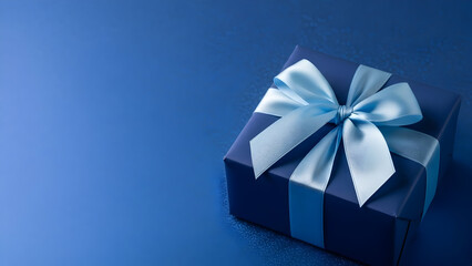 Elegant blue gift box with ribbon on matching background