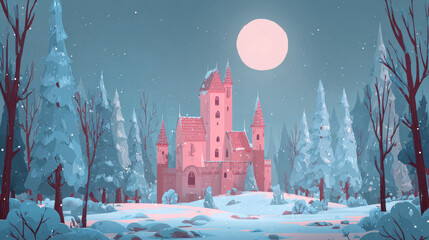 Pink castle cartoon, winter landscape, forest, snow, and nighttime