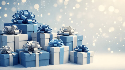 Elegant christmas gifts stacked with snow falling background