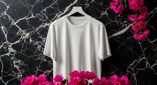 White tshirt on hanger against black marble background with vibrant pink flowers, perfect for fashion, apparel, and product display