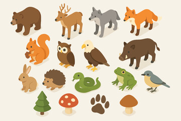 Fototapeta premium Isometric forest animals and nature elements collection with trees and mushrooms