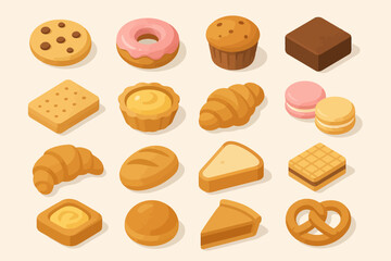 Assorted pastries and baked goods collection on light background