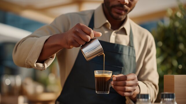 A barista timing espresso shots with a sleek digital timer, rich crema forming perfectly as steam clouds rise from the machine — artisanal coffee craft, precision brewing, and café sensory