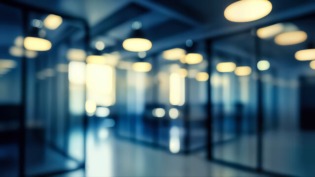 Blurred modern office interior hallway with glowing ceiling lights creating a bokeh effect, representing corporate business environment and abstract background - Powered by Adobe