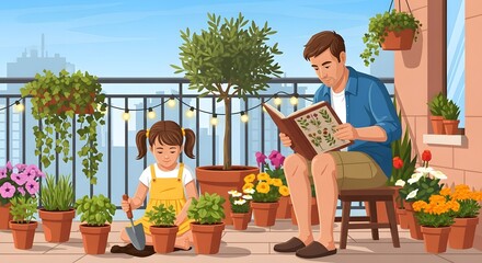 Dad and kid planting herbs container garden urban cityscape view