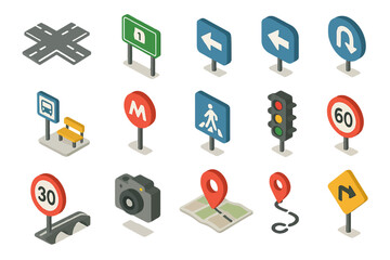 Isometric road sign icons collection featuring various traffic symbols