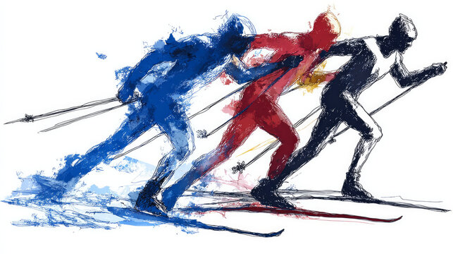Three cross-count cross-country skiers in a stylised drawing