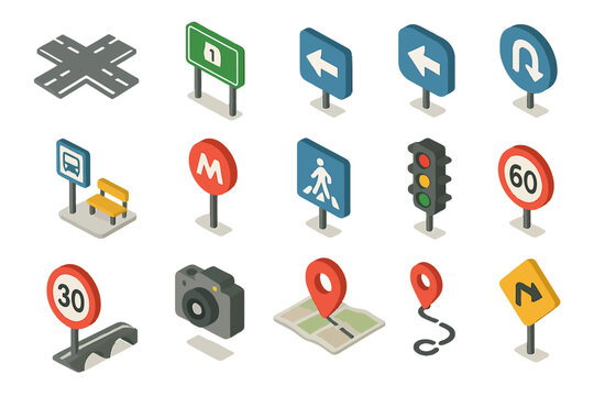 Isometric road sign icons collection featuring various traffic symbols
