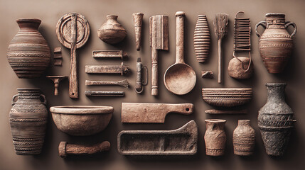 An assortment of vintage cooking tools artfully arranged on a neutral surface. These antique artifacts evoke a sense of history and culinary tradition.
