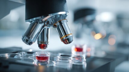 Close-up Laboratory Microscope Examining Red Liquid Sample in Petri Dishes