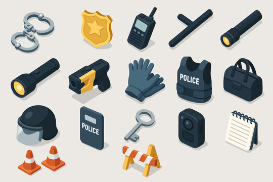 Police equipment icons: handcuffs, badge, baton, flashlight, vest, helmet, and more