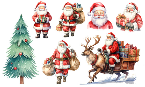 Collection of charming watercolor illustrations featuring Santa Claus in various festive poses, accompanied by a Christmas tree and a reindeer-drawn sleigh laden with gifts