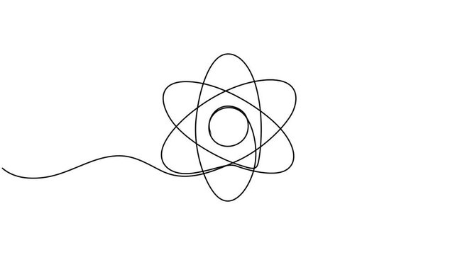 Atom and electrons, animated self drawing of single continuous line, continuous contour movement, video drawing of line in 4k, nuclear energy, chemistry, science, education, Atom for peace, one line