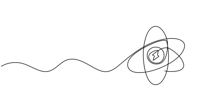 Atom and electrons, animated self drawing of single continuous line, continuous contour movement, video drawing of line in 4k, nuclear energy, chemistry, science, education, Atom for peace, one line