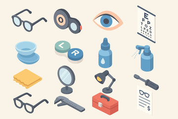 Isometric optometry tools and eye care equipment collection