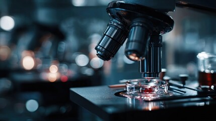Microscope examining sample in laboratory, scientific research equipment