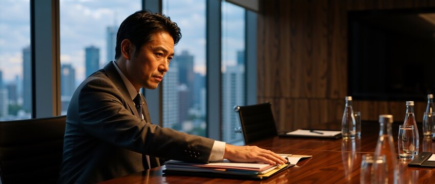 Serious Asian businessman engaging in intense negotiation at a conference table. Male executive reviewing contract documents in a modern office. Corporate leadership and decision making concept