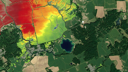 Advanced geographic information system analysis showing a digital elevation model overlay on a satellite view of a rural landscape