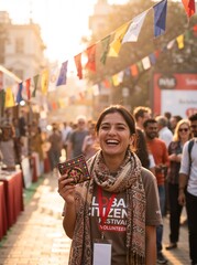 Obraz premium Happy female volunteer holding an embroidered pouch at a cultural festival. Smiling woman with volunteer t-shirt and scarf in a street market. Portrait of an engaged citizen 