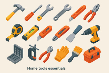 Obraz premium Essential home tools collection: wrenches, drill, pliers, tape measure, hammer