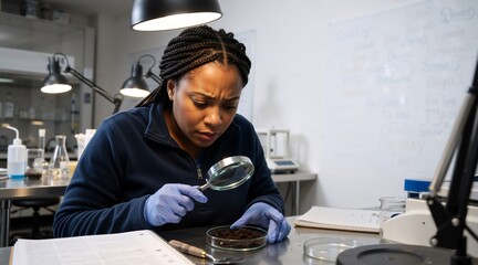 Black female scientist examining soil sample with magnifying glass in laboratory. Environmental researcher analyzing dirt in petri dish. Science and agriculture concept