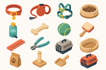 Collection of essential pet accessories featuring toys, collars, carriers, and grooming tools